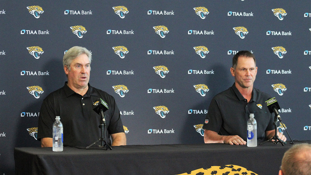 Jaguars head coach Doug Pederson (right) and general manager Trent Baalke (left) talks to media during a pre-draft luncheon on Thursday, April 20, 2023.