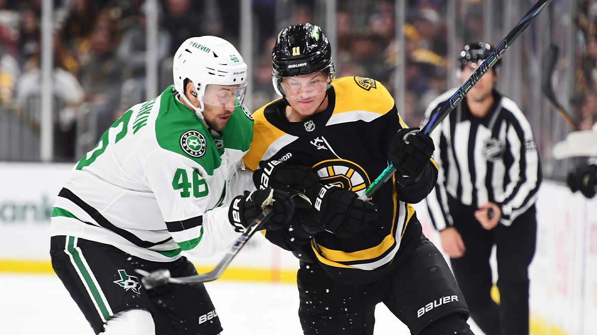 Dallas Stars defenseman Ilya Lyubushkin (46) and Boston Bruins center Trent Frederic (11) battle during the first period at TD Garden.