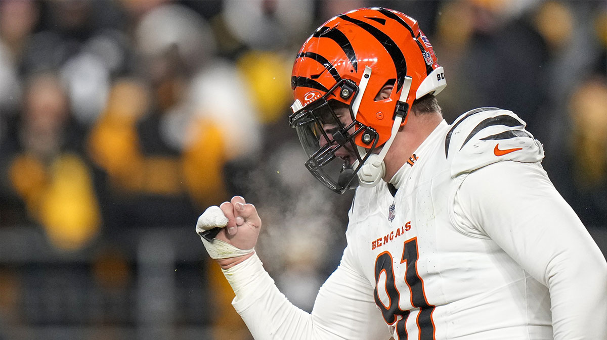 Cincinnati Bengals defensive end Trey Hendrickson (91) celebrates as the Pittsburgh Steelers prepare to punt in the fourth quarter at Acrisure Stadium. The Bengals won 19-17 to finish the regular season at 9-8.