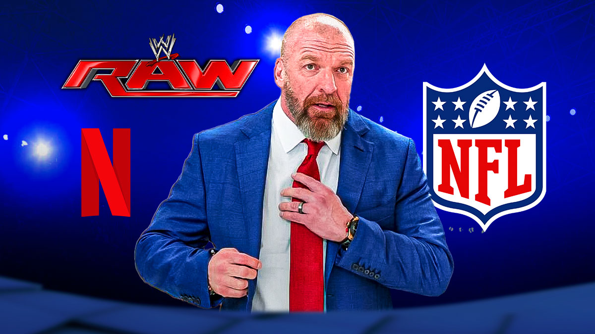 Triple H with the RAW and Netflix logos on the left and the NFL logo on the right.