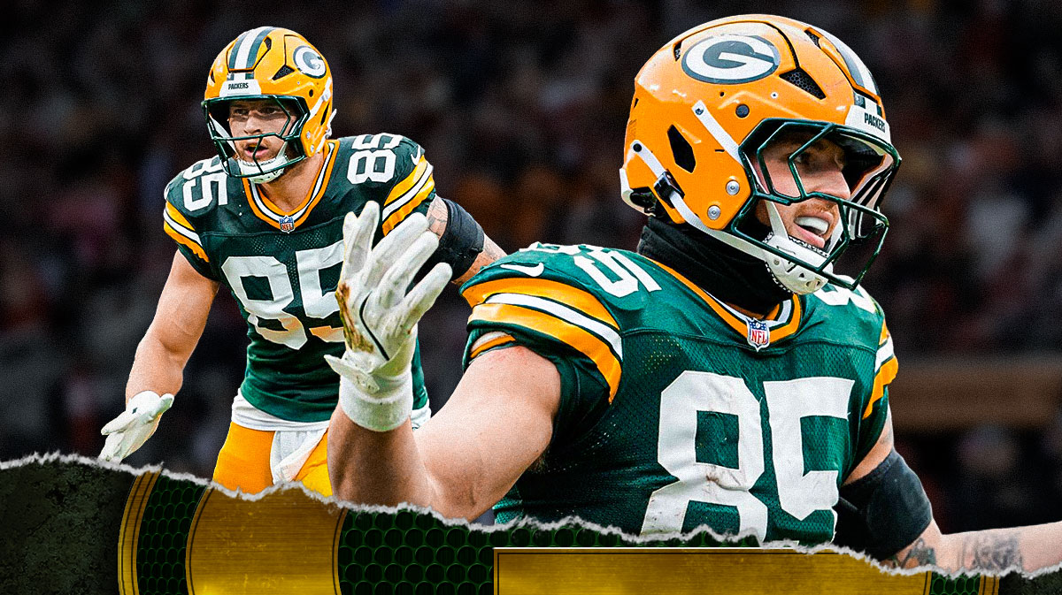 Two pictures of Packers TE Tucker Kraft with a Packers logo in the middle