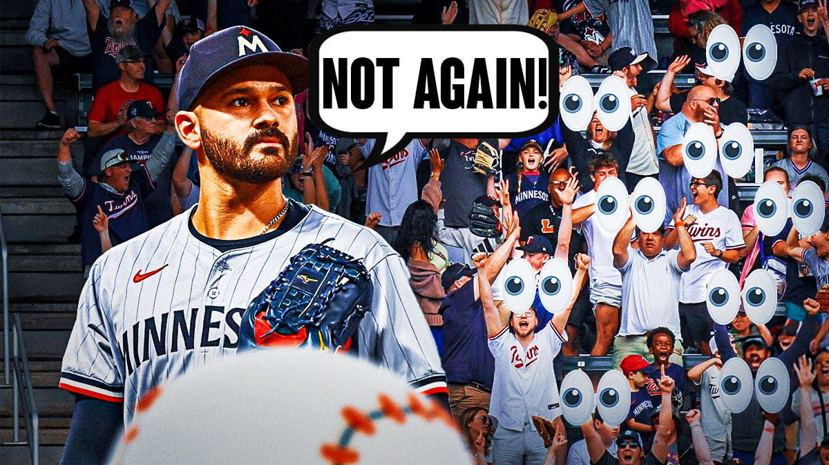 Pablo Lopez on one side with a speech bubble that says "Not again!" a bunch of Minnesota Twins fans on the other side with the big eyes emoji around them