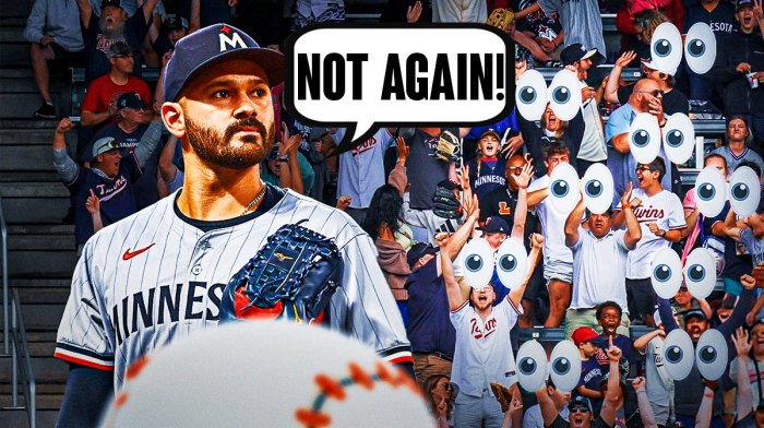 Pablo Lopez on one side with a speech bubble that says "Not again!" a bunch of Minnesota Twins fans on the other side with the big eyes emoji around them