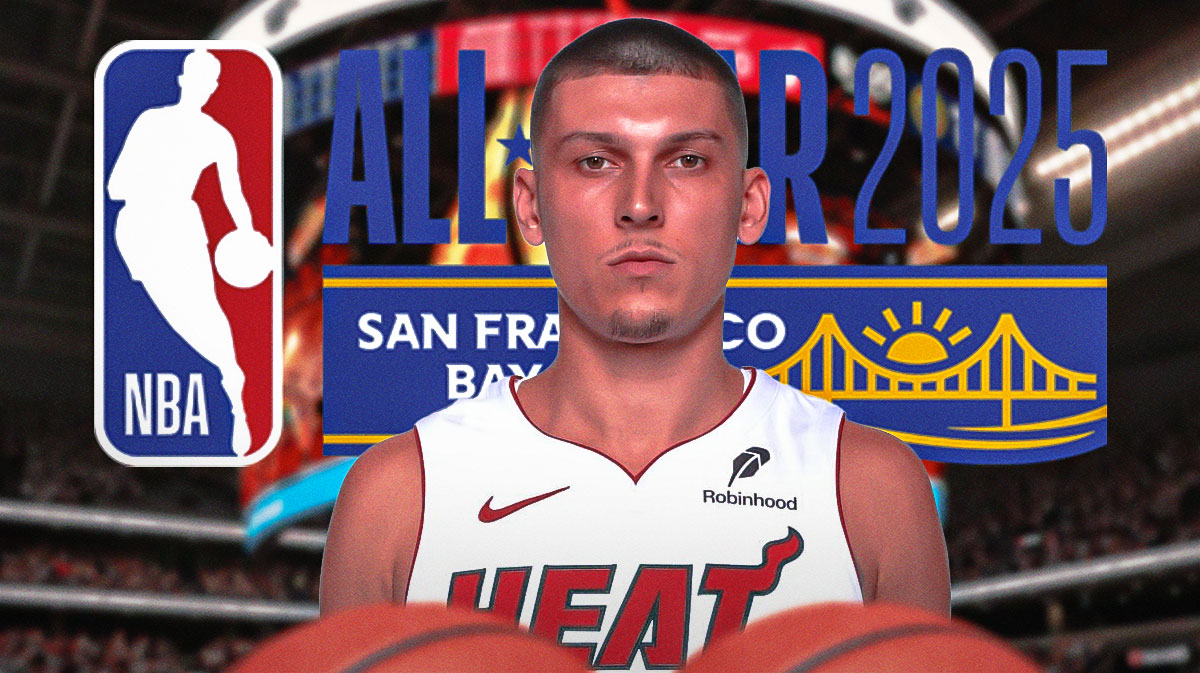 Miami Heat star Tyler Herro with the NBA All-Star logo next to him in front of Kaseya Center.