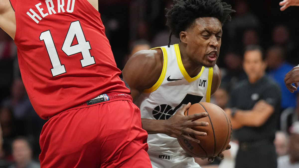 Utah Jazz guard Collin Sexton (2) drives past Miami Heat guard Tyler Herro (14) during the first half at Kaseya Center. 