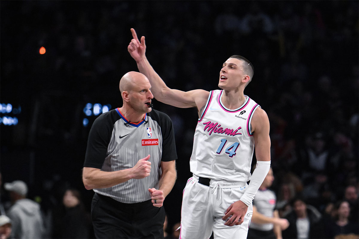 Miami Heat guard Tyler Herro (14) reacts after hitting a three point basket against the Brooklyn Nets during the second half at Barclays Center.