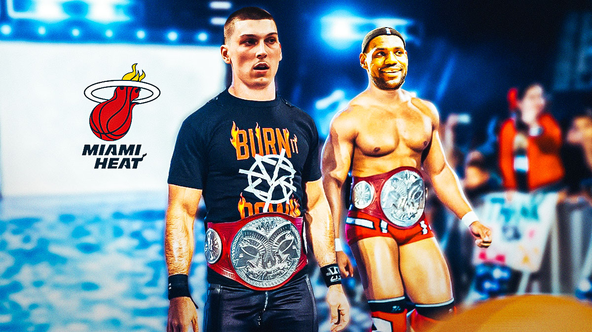 LeBron James (Heat LeBron) and Tyler Herro (Heat) as wrestlers entering the ring
