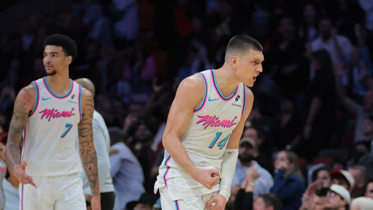 Miami Heat guard Tyler Herro (14) reacts after scoring against the Orlando Magic during double overtime at Kaseya Center.