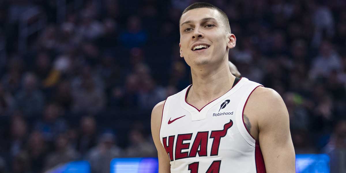Miami Heat guard Tyler Herro (14) reacts after a foul is called against the Golden State Warriors during the first quarter at Chase Center.