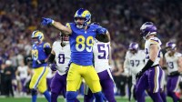 Los Angeles Rams tight end Tyler Higbee (89) reacts after a catch against the Minnesota Vikings during the first half in an NFC wild card game at State Farm Stadium.
