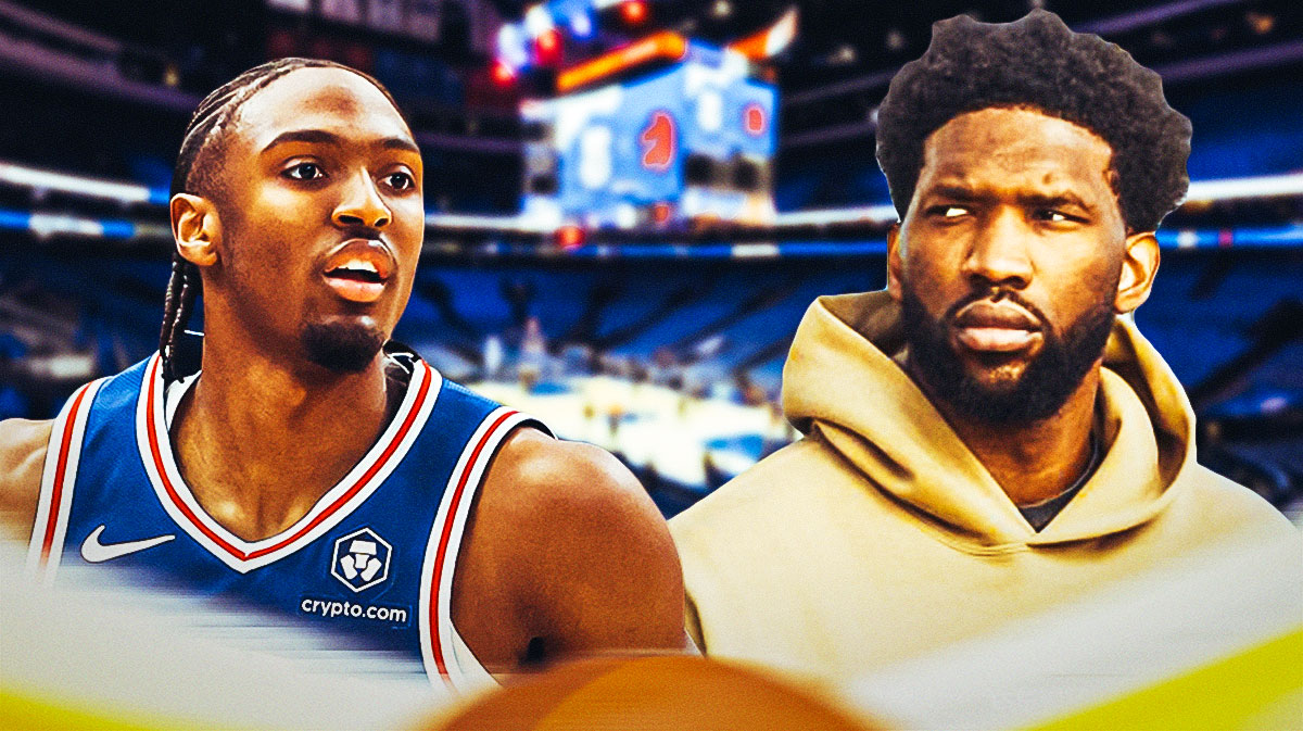 Tyrese Maxey in uniform. Joel Embiid in street clothes.