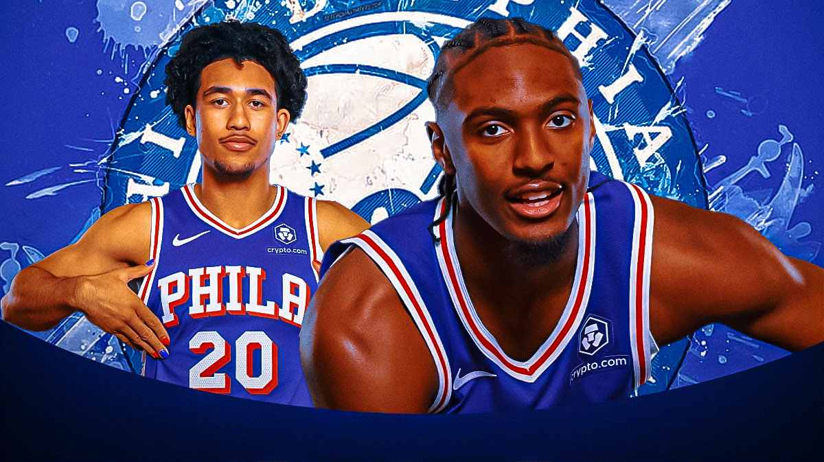 76ers All-Star Tyrese Maxey next to 76ers rookie Jared McCain & the 76ers logo in the background