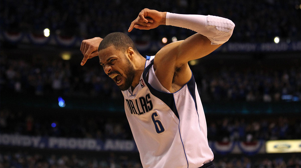 Dallas Mavericks Center Tyson Chandler (6) reacts after the winning game five against Oklahoma City Thunder for Western Conference Final Playoffs in American Airlines. Mavs beat Thunder 100-96.