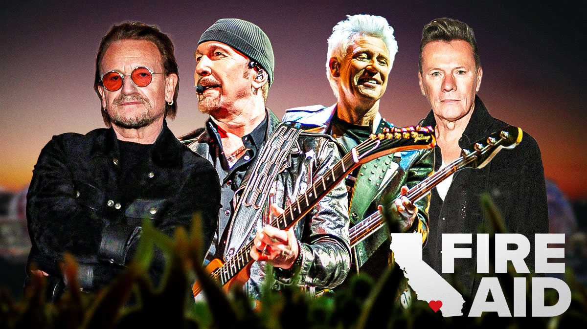 U2 members Bono, The Edge, Adam Clayton, and Larry Mullen Jr, who made a $1 million donation to LA wildfire relief, with Fire Aid logo and Intuit Dome background.