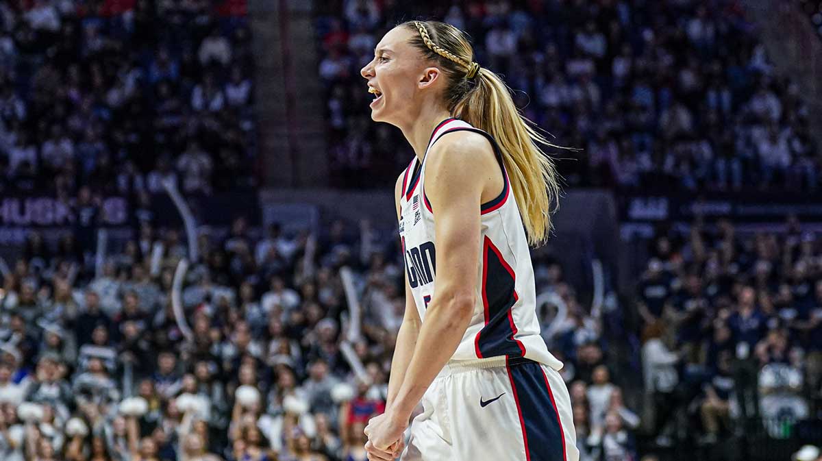 UConn Huskies guard Paige Bueckers (5) reacts after a basket against the Seton Hall Pirates in the second half.