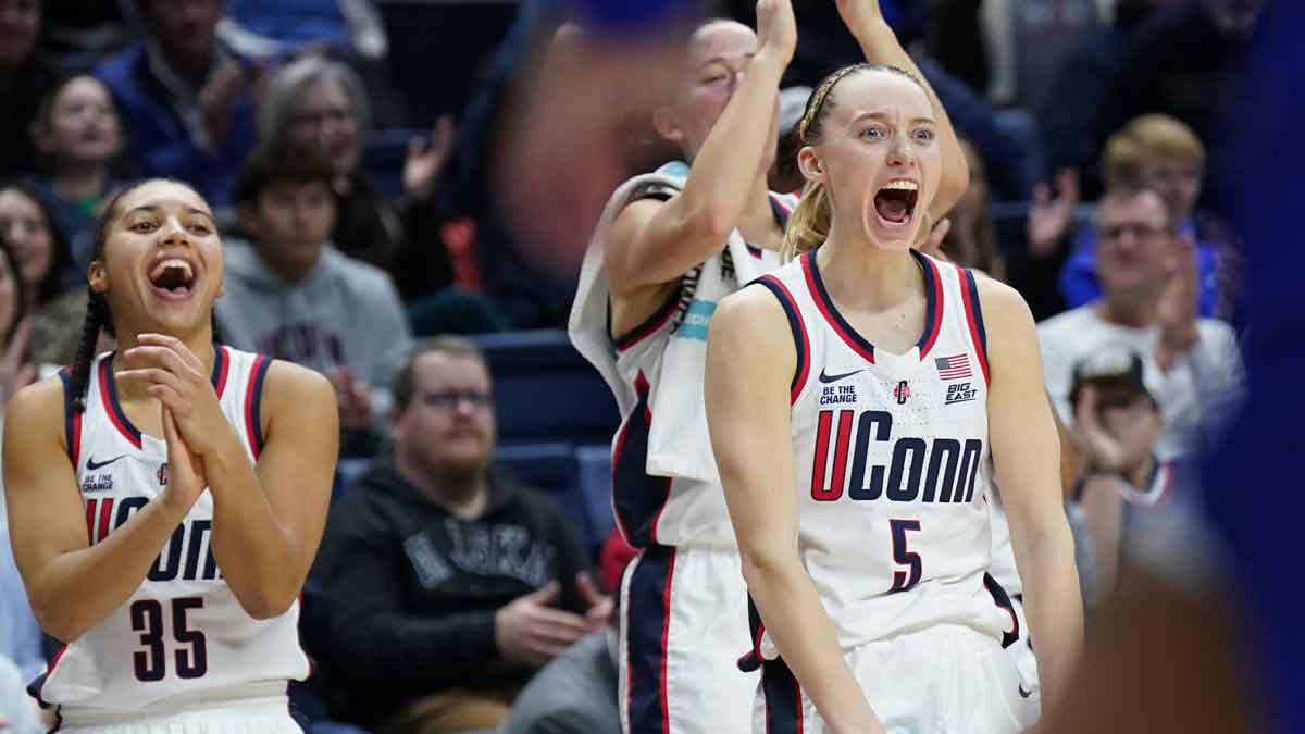 UConn Huskies guard Paige Bueckers (5) and guard Azzi Fudd (35) react after a basket against the Seton Hall Pirates in the second half.