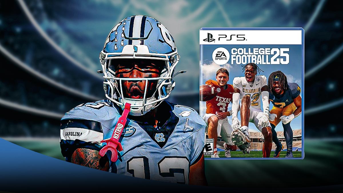 North Carolina football player Tylee Craft alongside the cover of the College Football 25 video game.