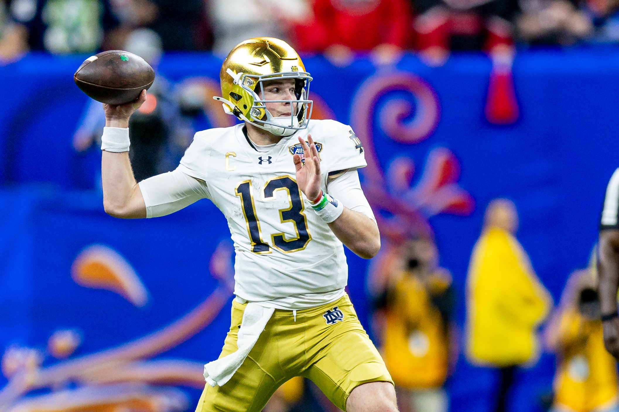Notre Dame Fighting Irish quarterback Riley Leonard (13) passes against the Georgia Bulldogs during the second half at Caesars Superdome.