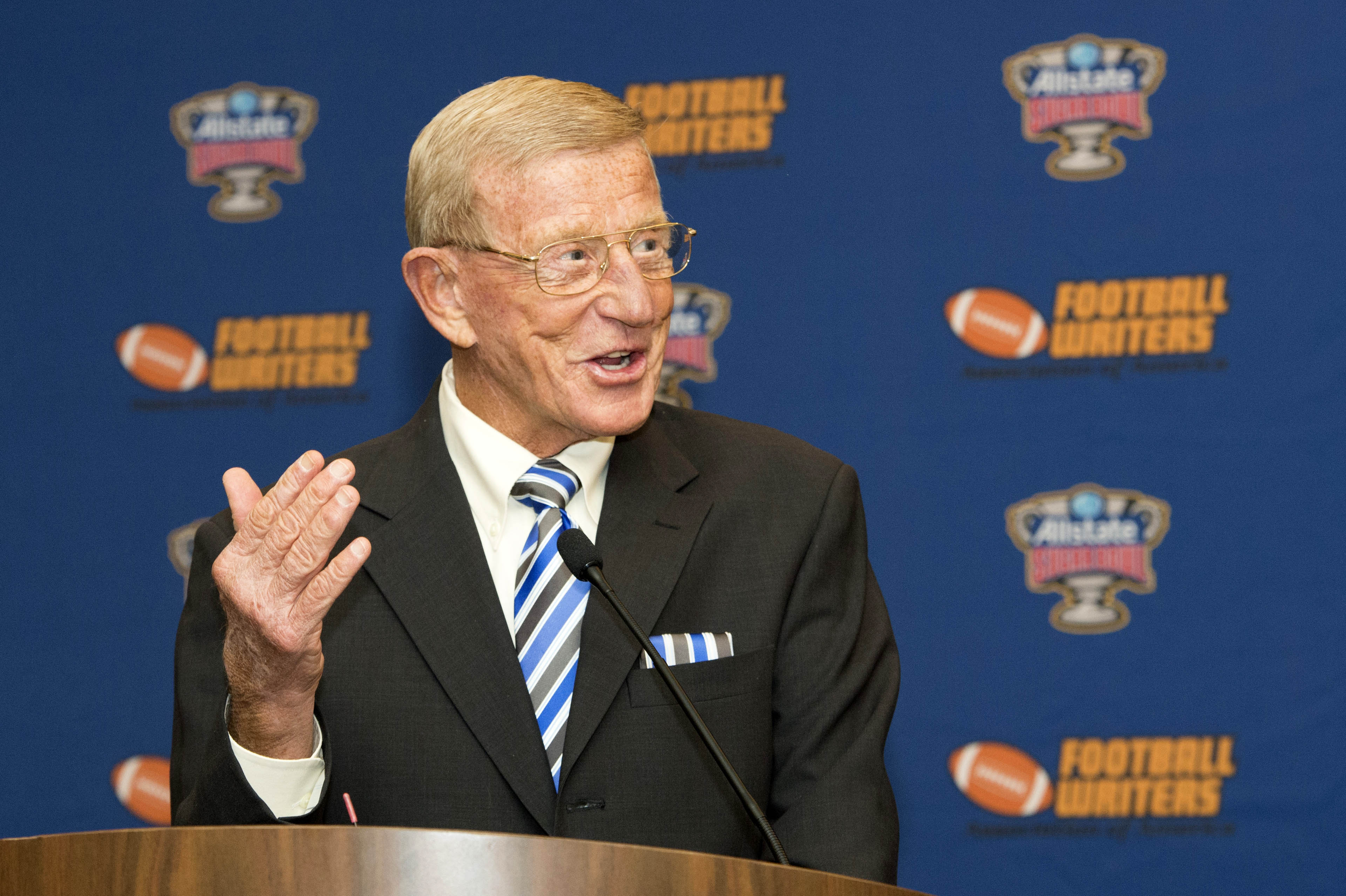 Two time Eddie Robinson Coach of the Year recipient Lou Holtz speaks during Eddie Robinson Coach of the Year press conference at Renaissance Hotel Dallas.