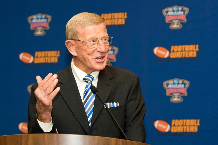 Two time Eddie Robinson Coach of the Year recipient Lou Holtz speaks during Eddie Robinson Coach of the Year press conference at Renaissance Hotel Dallas.