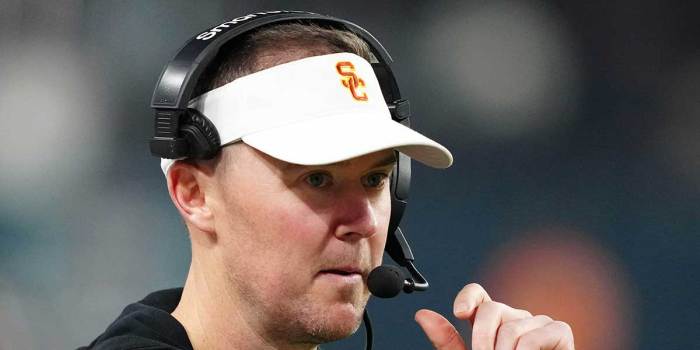 Southern California Trojans head coach Lincoln Riley reacts against the Texas A&M Aggies in the second half at Allegiant Stadium.