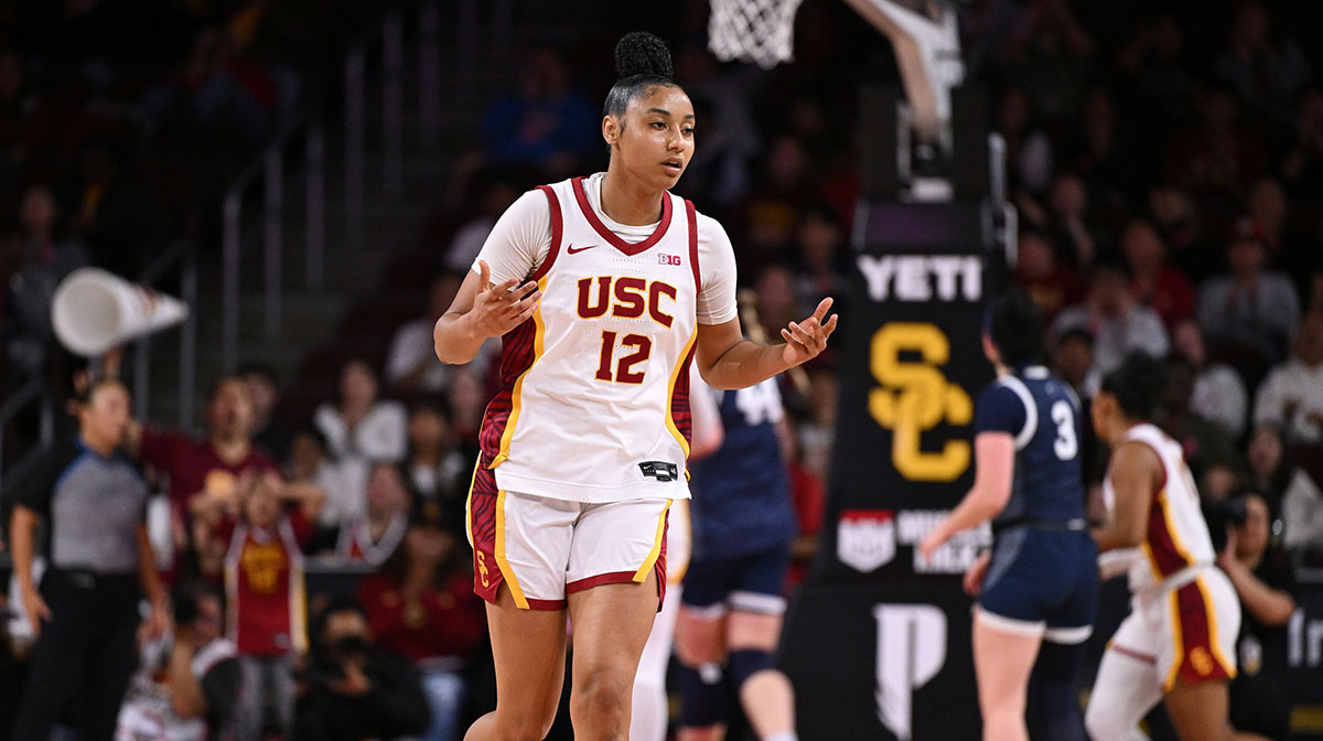 USC women's basketball Trojans guard JuJu Watkins (12) reacts after hitting a three point basket during the first quarter against the Penn State Nittany Lions in NCAA Tournament.