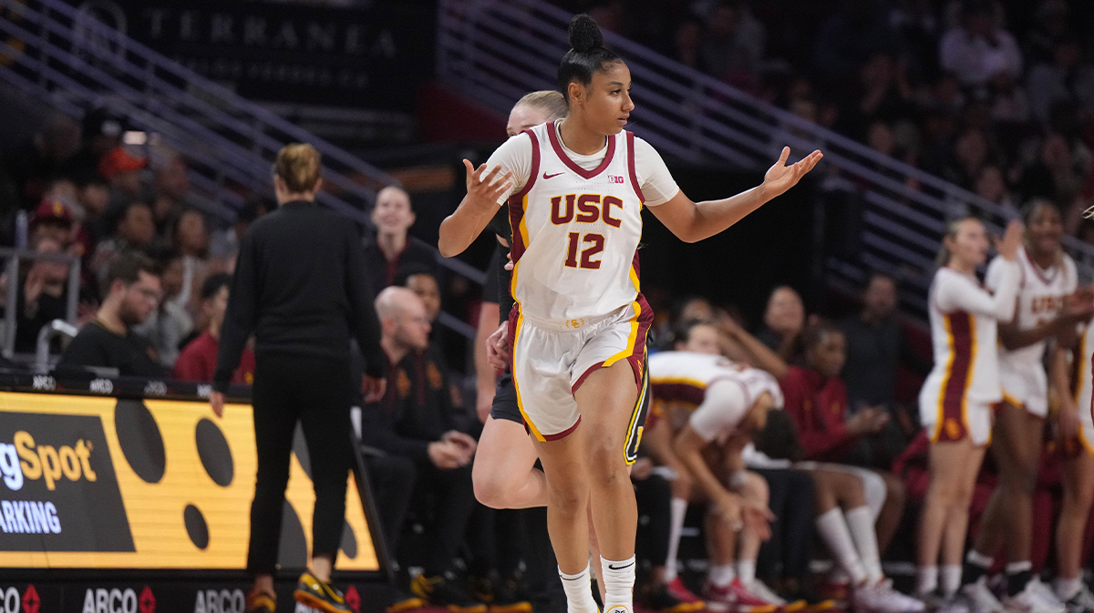 Southern California Trojans guard JuJu Watkins (12) reacts in the second half against the Michigan Wolverines.