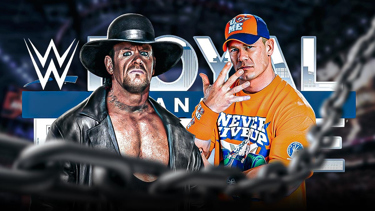 John Cena next to the Undertaker with the 2025 Royal Rumble logo as the background.