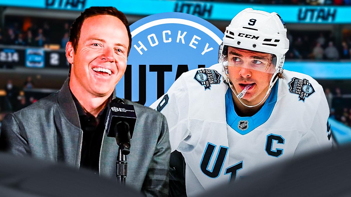 Utah Hockey Club star Clayton Keller and Utah HC owner Ryan Smith. Utah Hockey Club logo behind them. Delta Center as the background image.