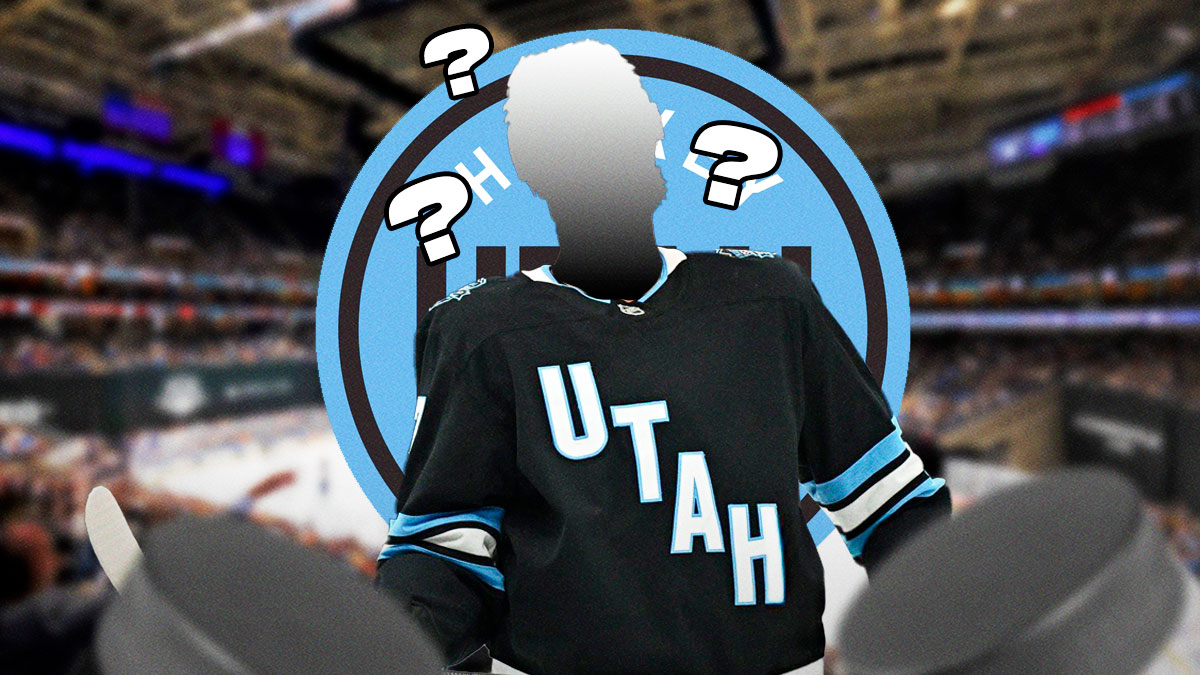 The silhouette of Nick Bjugstad in a Utah Hockey Club jersey, Utah Hockey Club logo, 3-5 question marks, hockey rink in background