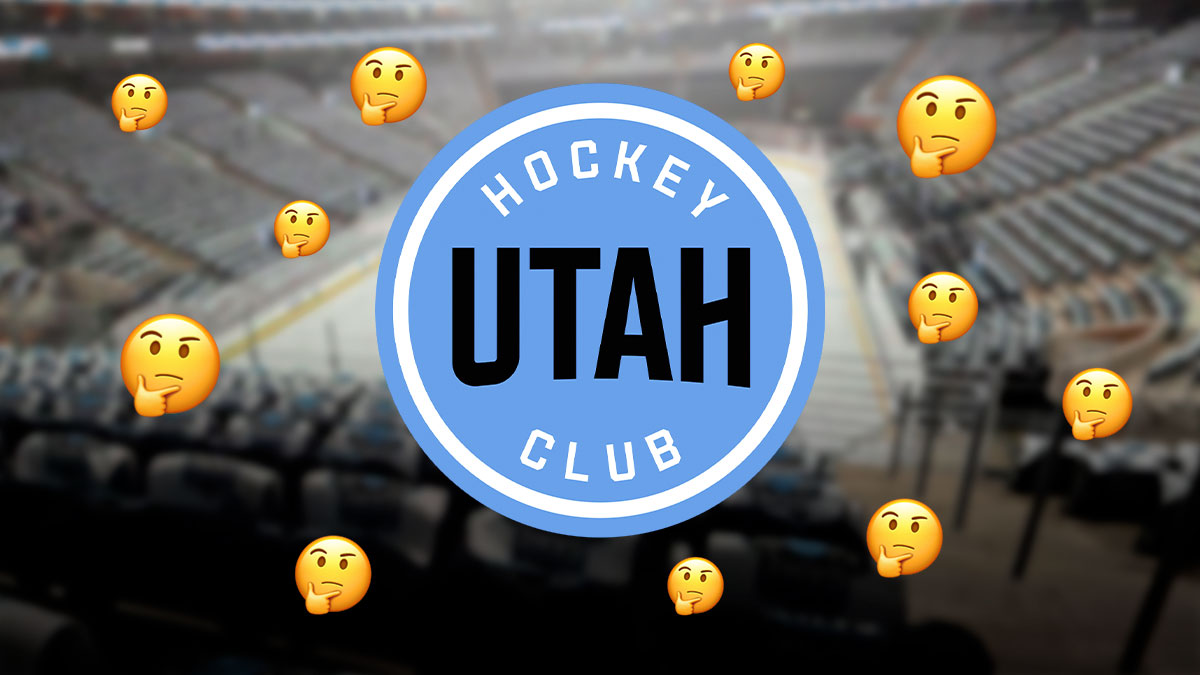 Utah hockey club logo in the middle inside of Delta Center configured for hockey with the "hmm" emojis on either side