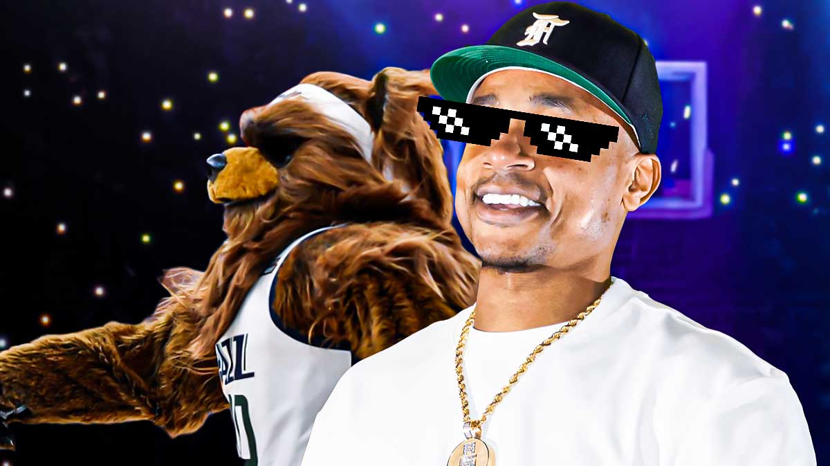 Isaiah Thomas (ex-Celtics) with deal with it shades and with Jazz mascot (Jazz Bear)