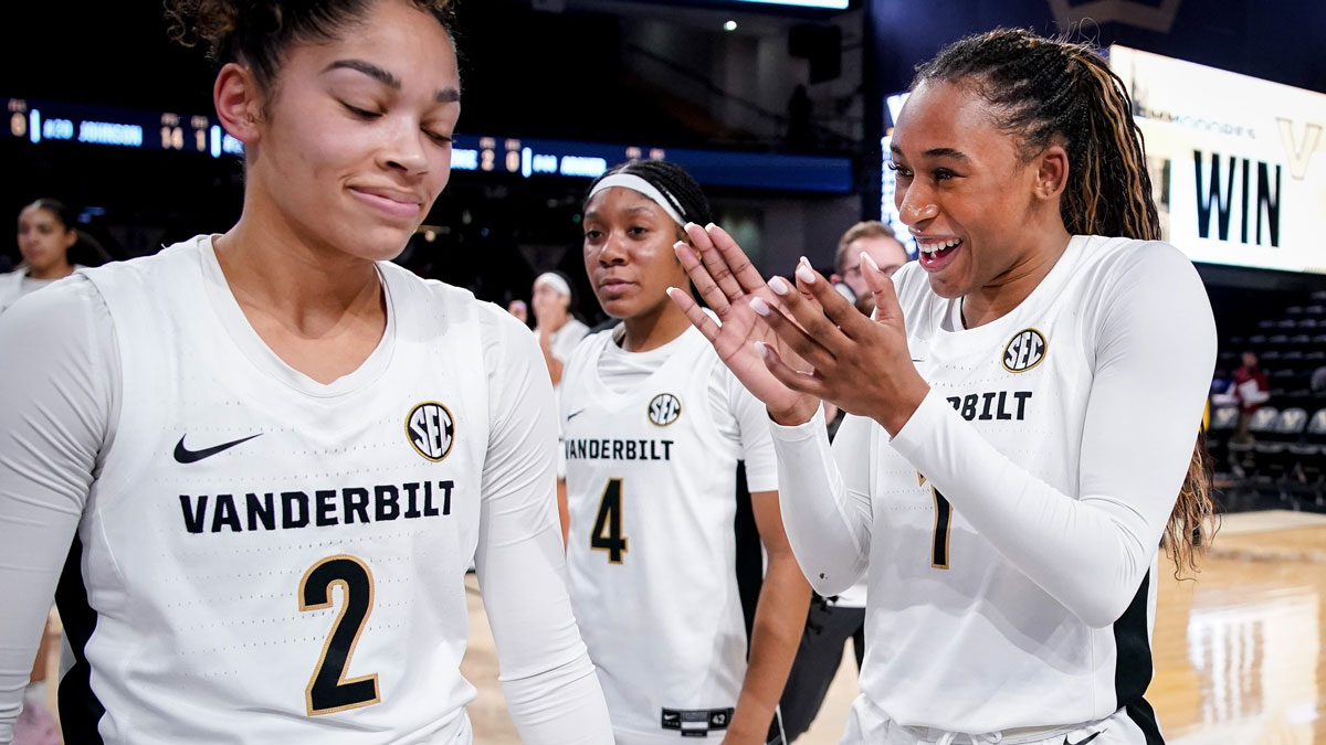 Vanderbilt guard Mikayla Blakes (1) reacts after defeating Arkansas.