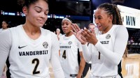 Vanderbilt guard Mikayla Blakes (1) reacts after defeating Arkansas.