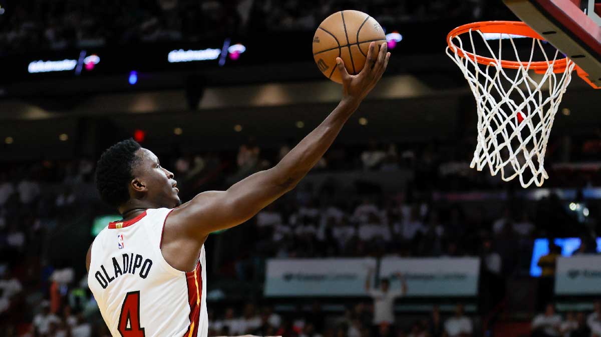 Miami Heat guard Victor Oladipo (4) drives to the basket in the fourth quarter against the Milwaukee Bucks during game three of the 2023 NBA Playoffs at Kaseya Center.