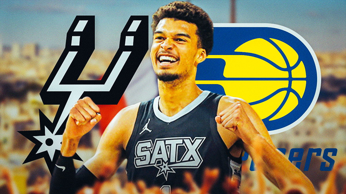 Victor Wembanyama smiling image, background of France, Spurs logo, Pacers logo