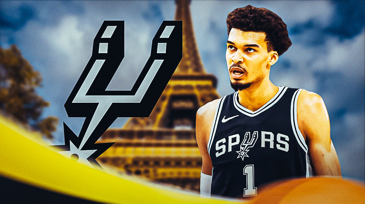 Victor Wembanyama satisfied image, Spurs logo, Eiffel Tower image, image of San Antonio on a map