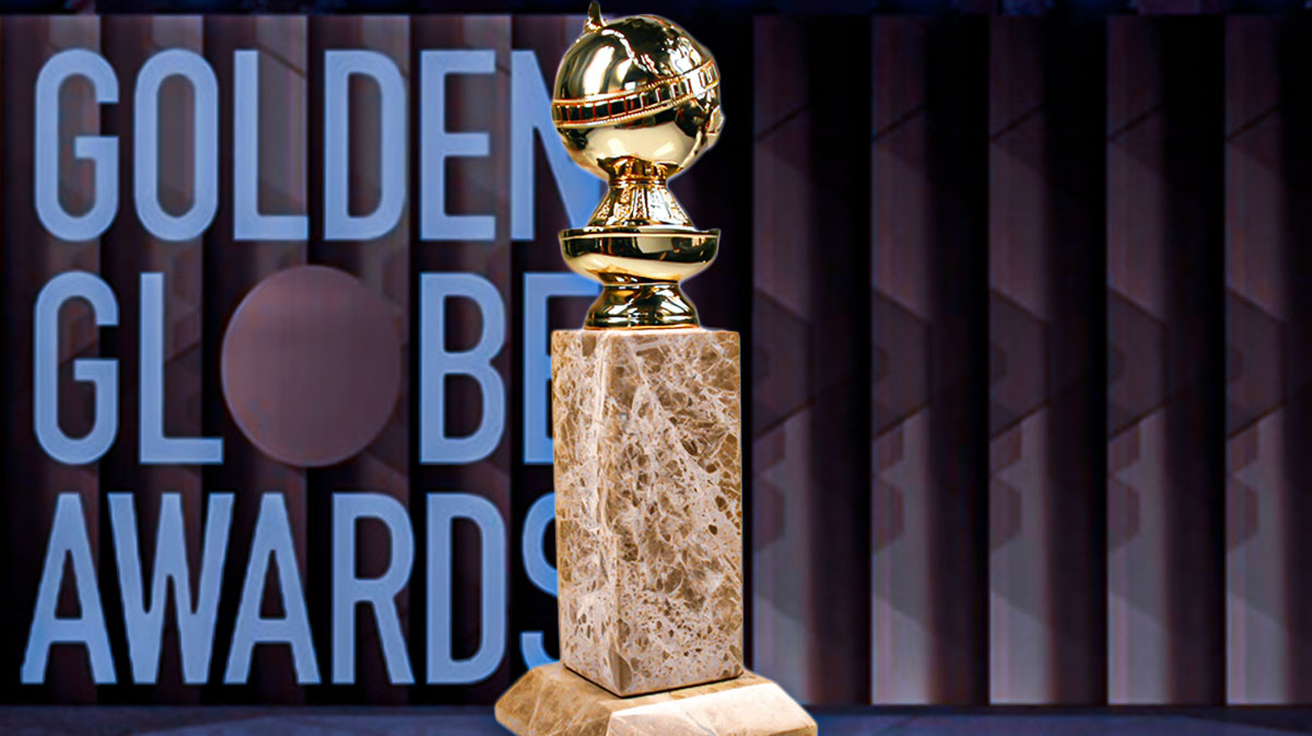 2025 Golden Globes trophy that winners receive in front of ceremony logo.