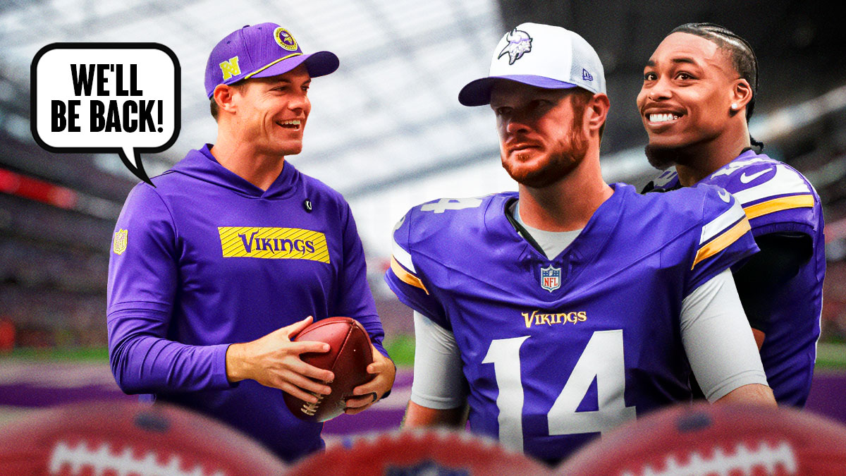 Kevin O'Connel saying 'We'll be back!' with Sam Darnold and Justin Jefferson on the other side
