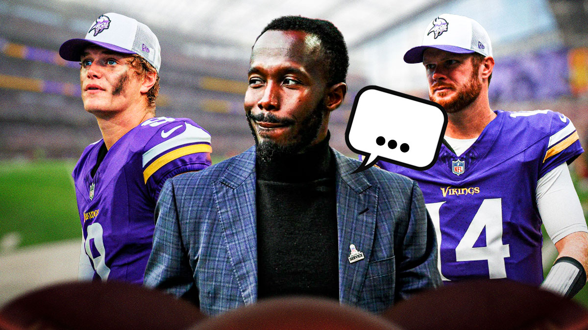 Minnesota Vikings GM Kwesi Adofo-Mensah with a speech bubble that has the three dots emoji inside. He is next to Vikings QBs JJ McCarthy and Sam Darnold. There is also a logo for the Minnesota Vikings.