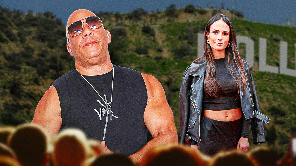 Vin Diesel and his Fast & Furious and Fast X: Part 2 co-star Jordana Brewster with LA background, where the wildfires are taking.