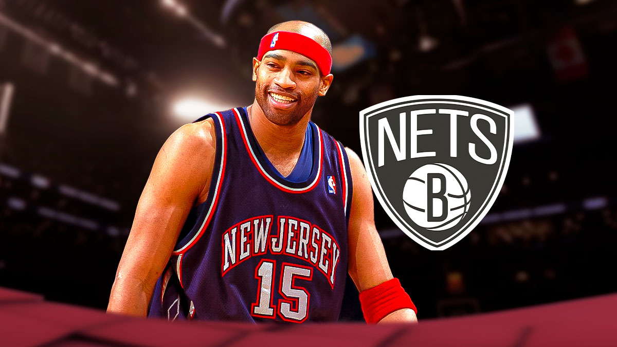 Vince Carter in a Nets uniform with the New Jersey Nets logo next to him