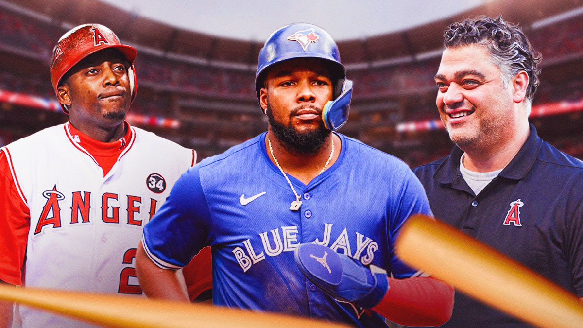 Toronto Blue Jays first baseman Vladimir Guerrero Jr. in center, former Los Angeles Angels outfielder Vladimir Guerrero Sr. on left side, Los Angeles Angels general manager Perry Minasian talking and/or on phone on right side, Angel Stadium (home stadium of the Los Angeles Angels) in background