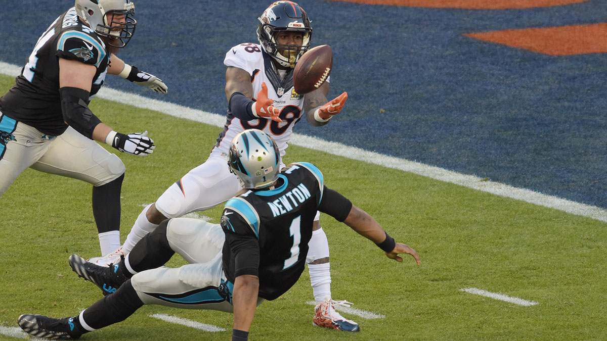 Feb 7, 2016; Santa Clara, CA, USA; Denver Broncos outside linebacker Von Miller (58) strips the ball from Carolina Panthers quarterback Cam Newton (1) in Super Bowl 50 at Levi's Stadium. 