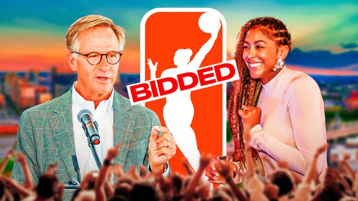 Former Nashville mayor Bill Haslem and Candace Parker celebrating with the WNBA logo in the background. Over the WNBA logo, there's a stamped message that says "Bidded"