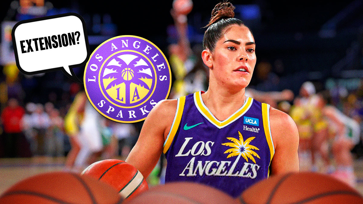Kelsey Plum in a Los Angeles Sparks jersey. Also, the Sparks logo is in the background that has a bubble that says "Extension?"