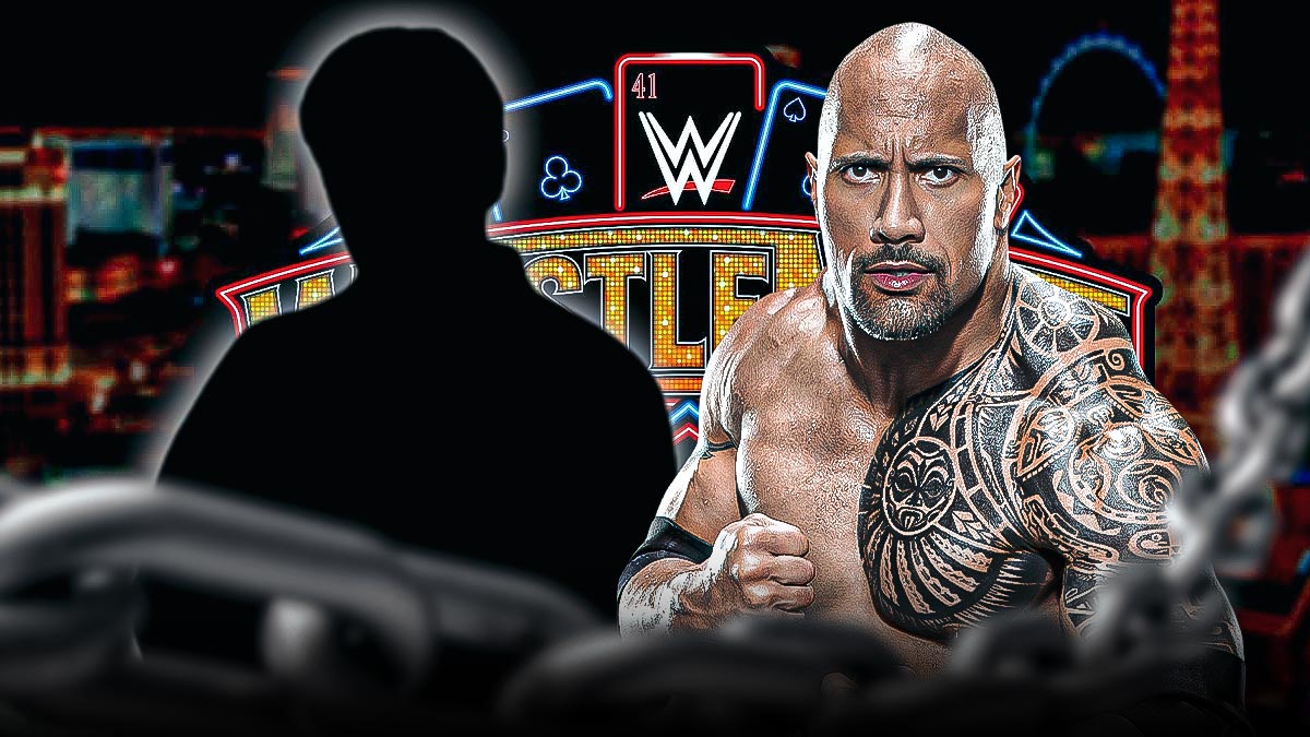 The Rock next to the blacked-out silhouette of Eric Bischoff in front of the WrestleMania 41 logo.
