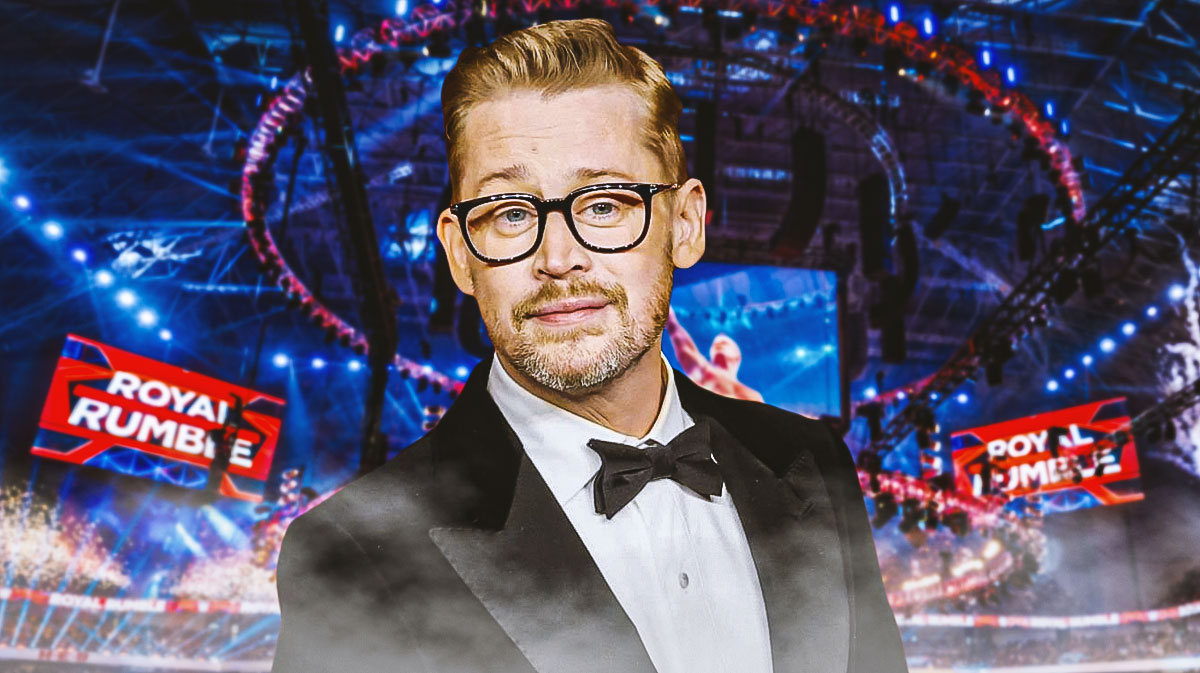 WWE fan Macaulay Culkin, who attended Monday Night RAW's premiere on Netflix, with Royal Rumble background.