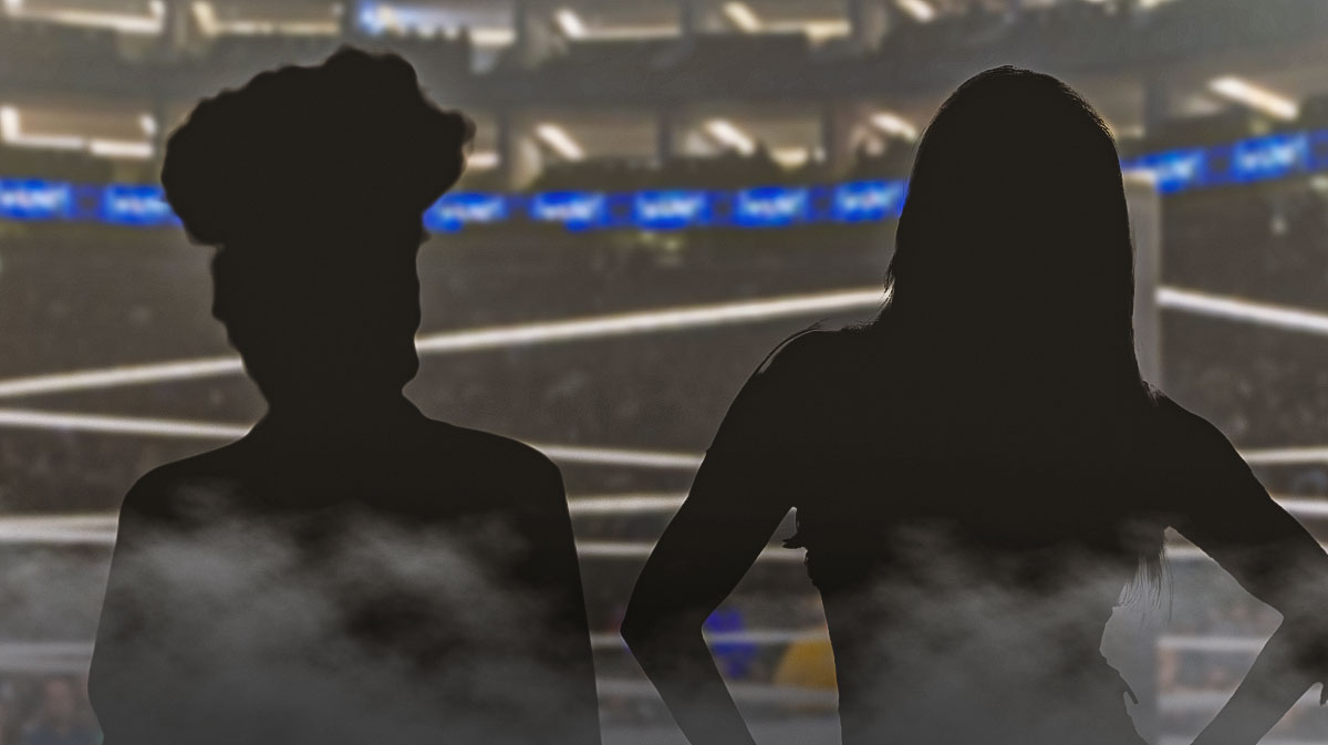 Silhouettes of WWE ring announcers Alicia Taylor and Lillian Garcia, who will swap brands before RAW's move to Netflix, with SmackDown ring background.