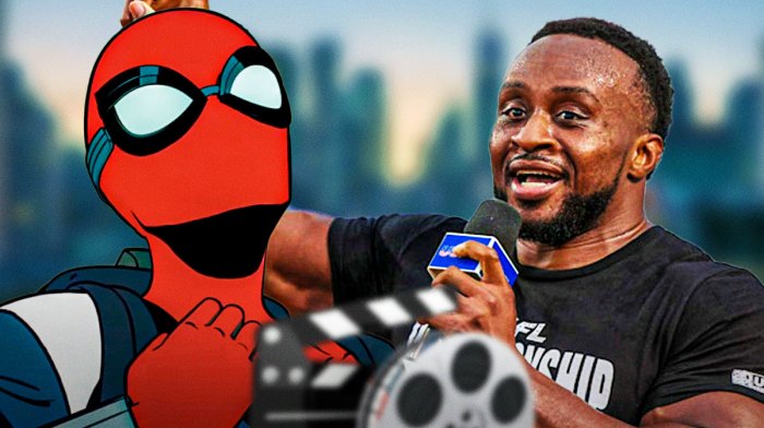 Spider-Man from Disney+ animated Marvel series Your Friendly Neighborhood Spider-Man with former WWE Champion Big E.